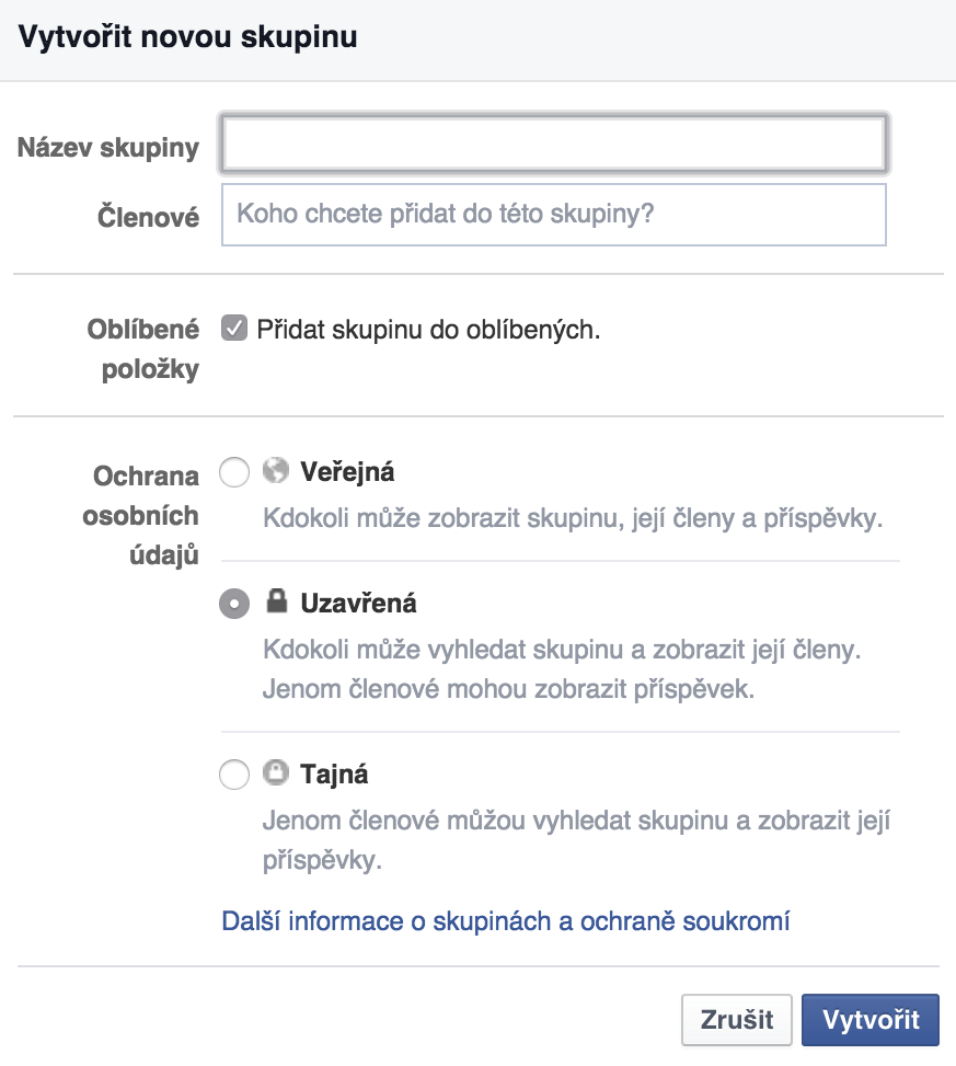 Výběr typu skupiny na Facebooku