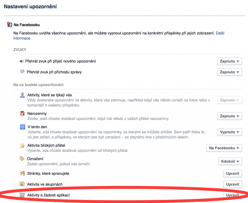 Nastavení upozornění na Facebooku